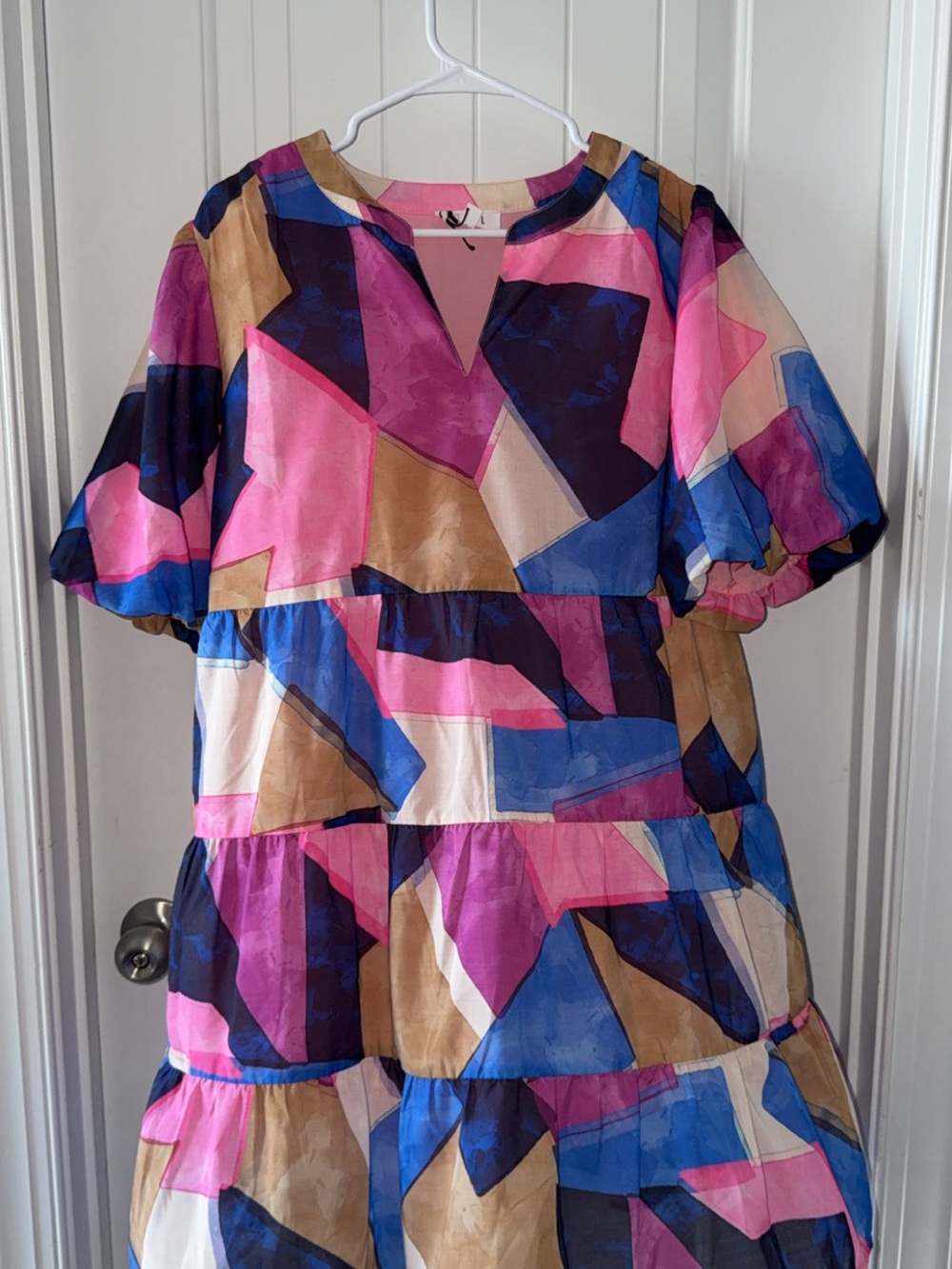 Girls' Colorblock Tiered Dress - Pink Blue Brown Pattern